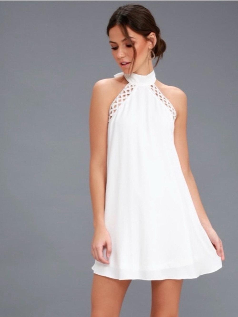 Lulu's White One-Shoulder Halter Dress with Crochet Lace